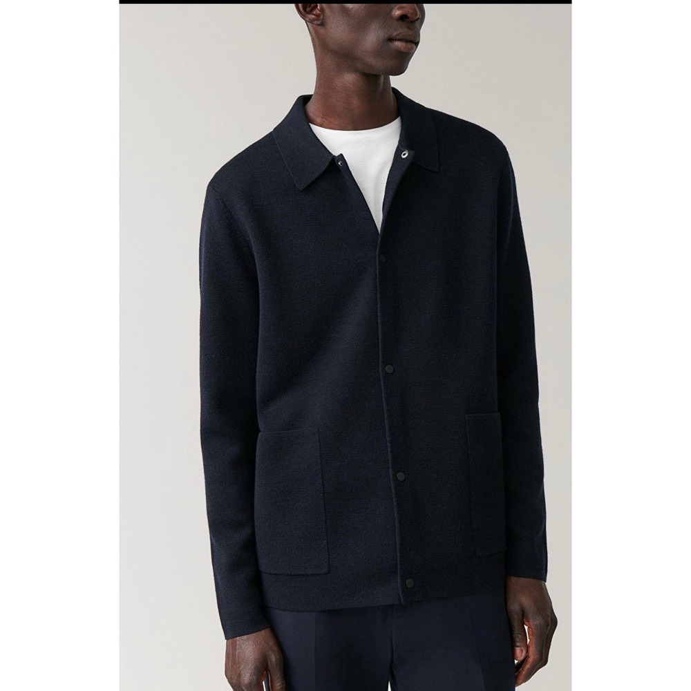 COS Mens dark navy 100% Wool Snap Front Cardigan Jacket XL Pockets Minimalist